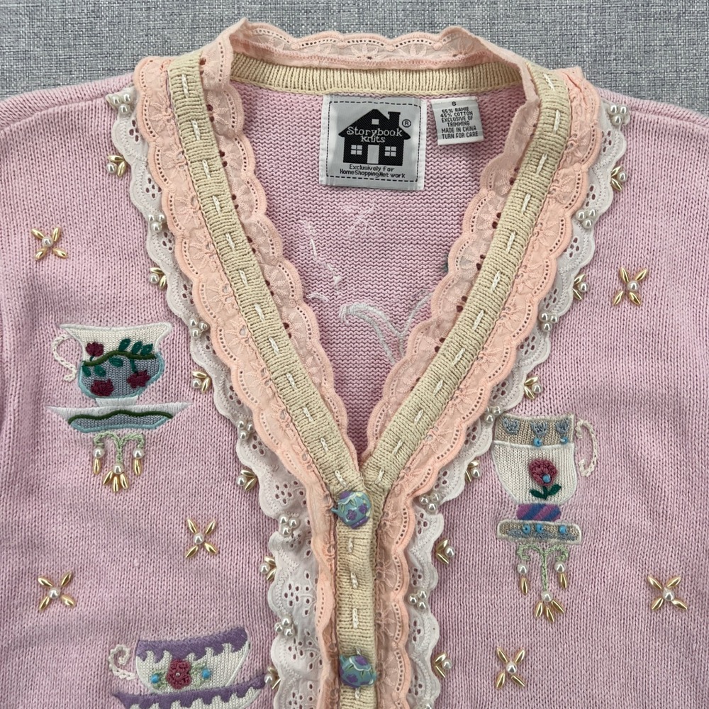 VTG Y2K Storybook Knits Tea Cardigan Sweater Women S Pink Embroidered Cottage - Picture 2 of 13